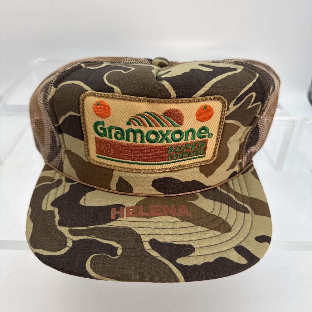 Vtg Camo Gramoxone Super Herbicide Trucker Hat Snapback Helena Farmer Korea